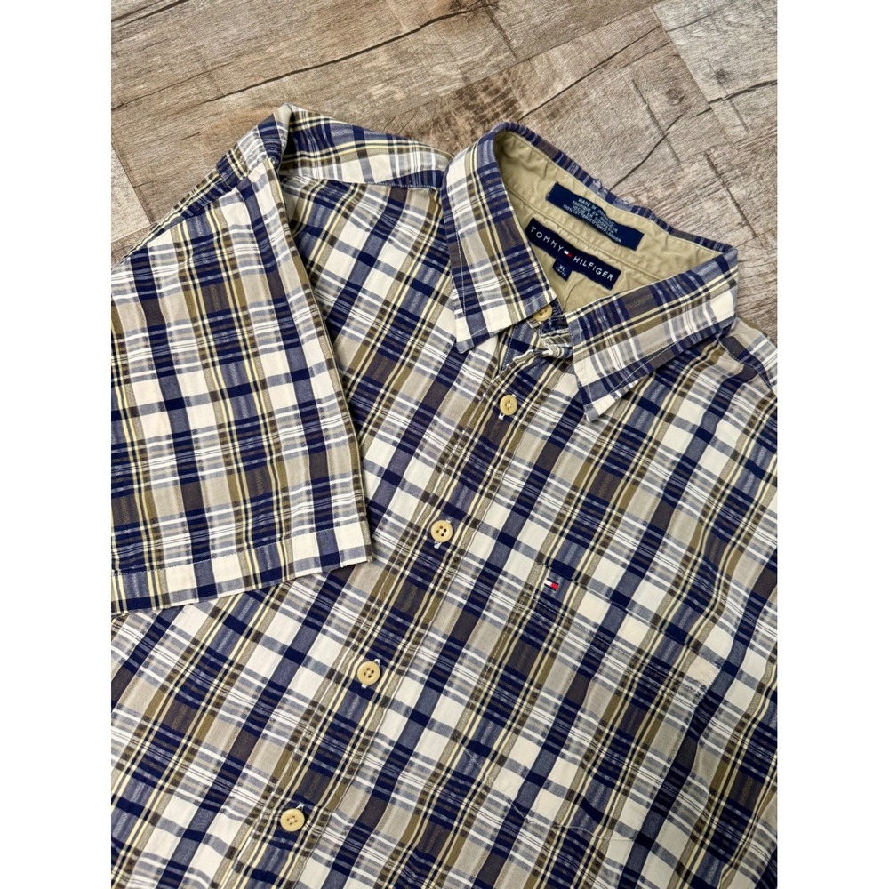 Tommy Hilfiger Mens XL Short Sleeve Button Down Shirt Plaid Blue Tan‎ Cotton